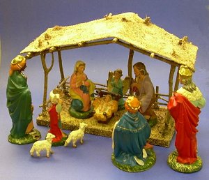 The finished stable with my friend's nativity figures. Click for bigger photo.